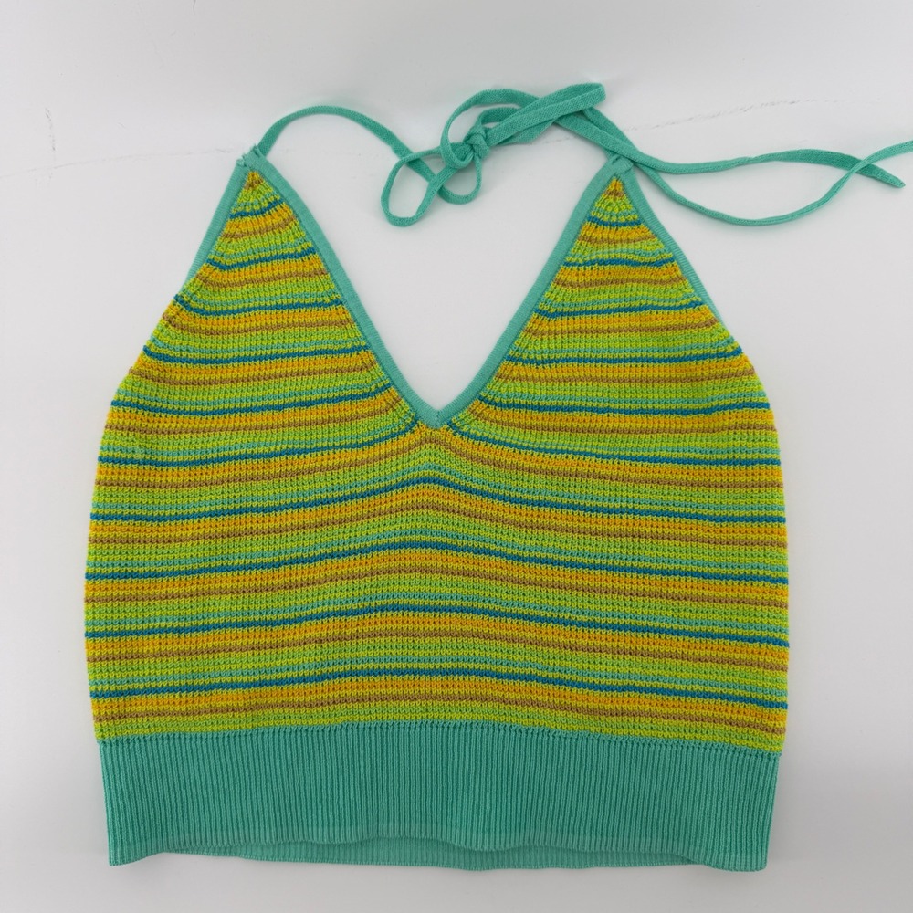 Intimately Free People Green Striped Knit Halter Crop Top Small boho festival
